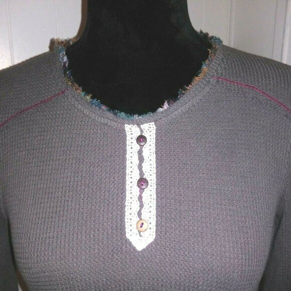 Anthropologie Thermal top waffle knit Multimedia boho Long sleeve solid + plaid - Picture 5 of 8